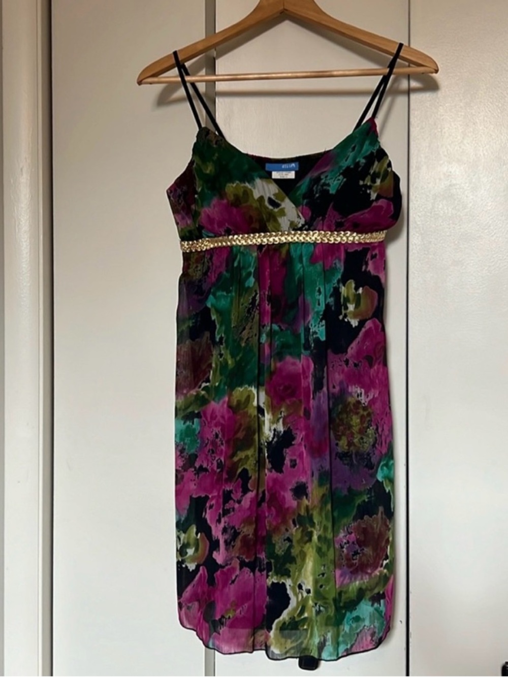 Floral print dress with gold braid belt detail